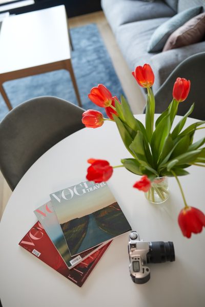 Tulipany, magazyny i aparat na stoliku w części dziennej