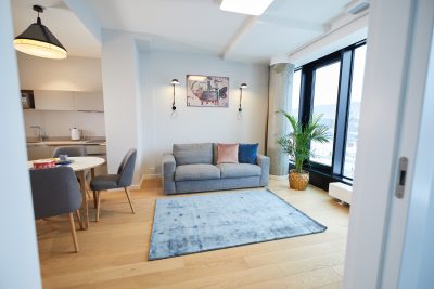 Salon z szarą sofą, dywanem i stołem jadalnym przy panoramicznym oknie