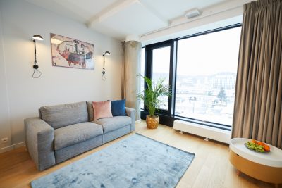 Szara sofa i dywan przy przeszklonej ścianie z widokiem na miasto