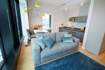 Szara sofa na niebieskim dywanie, w tle kuchnia